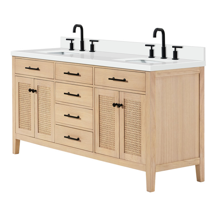 Camila 73'' Light Brown Double Sink Freestanding Vanity with White Quartz Top