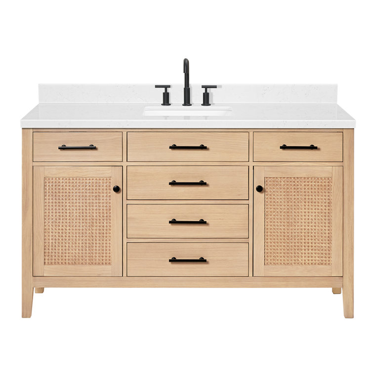 Camila 60" Light Brown Oak Freestanding Bathroom Vanity with Quartz Top