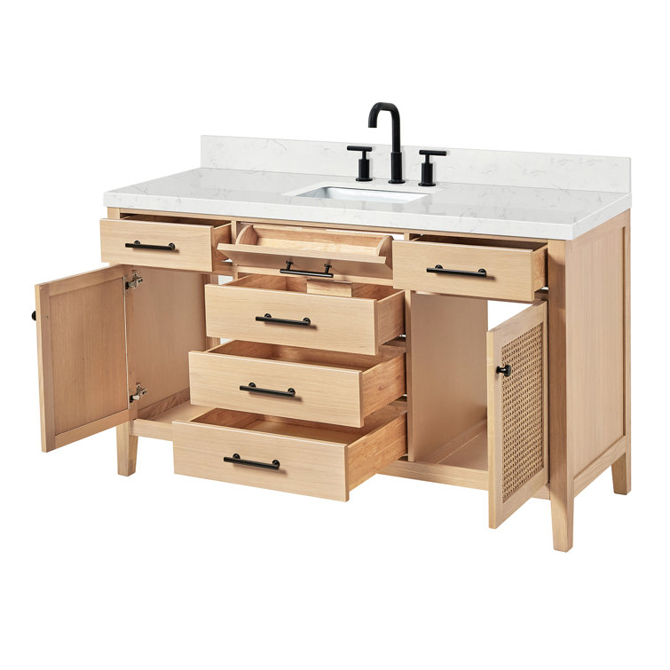 Camila 60" Light Brown Oak Freestanding Bathroom Vanity with Quartz Top