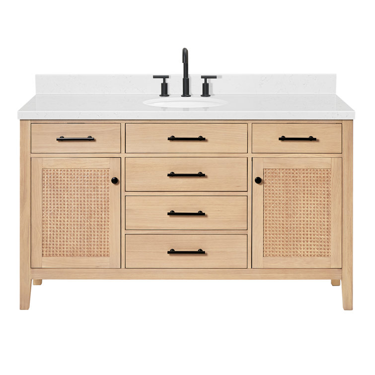 Camila 60" Light Brown Oak Freestanding Bathroom Vanity with Quartz Top