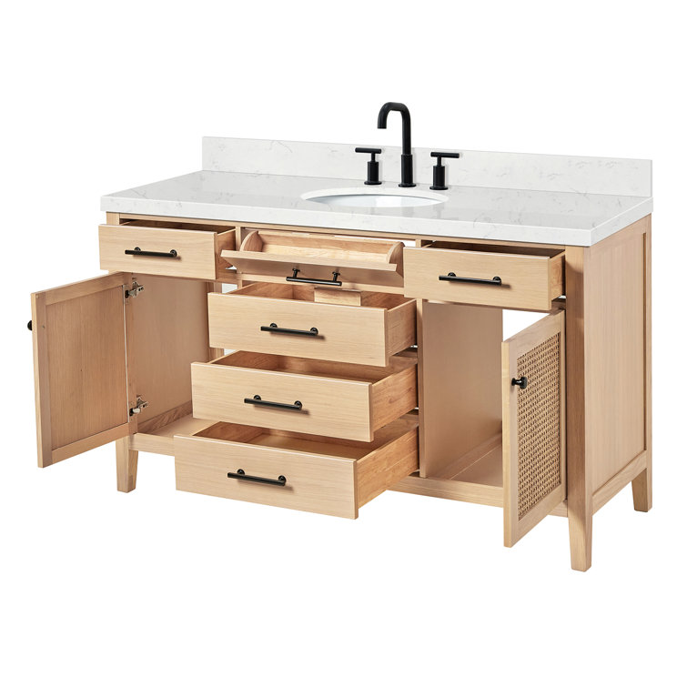 Camila 60" Light Brown Oak Freestanding Bathroom Vanity with Quartz Top