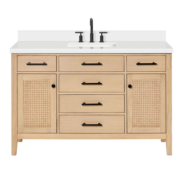 Camila 55" Light Brown Wood Single Sink Vanity with White Quartz Top