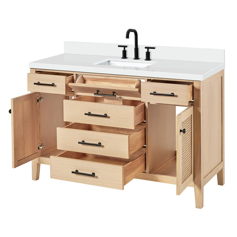 Camila 55" Light Brown Wood Single Sink Vanity with White Quartz Top