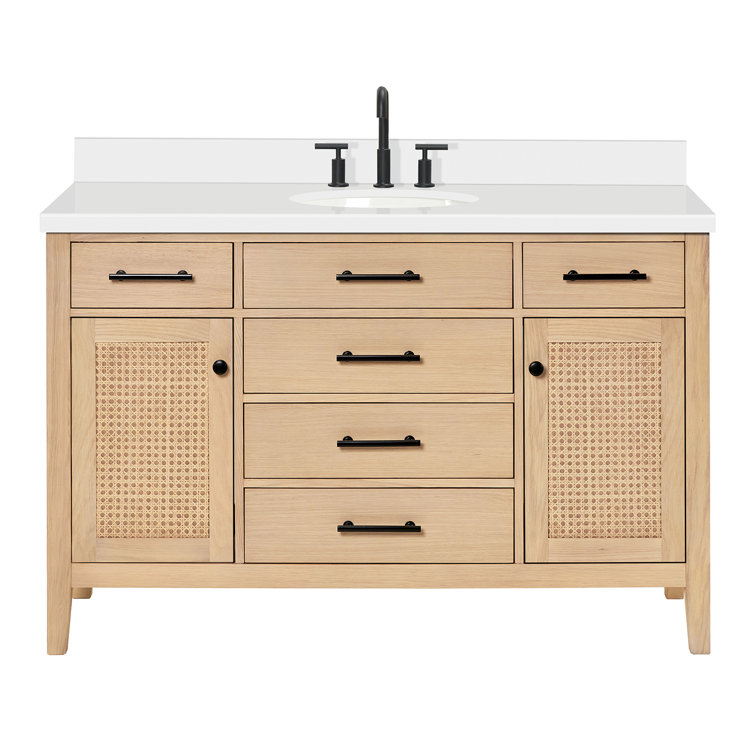 Camila 55" Light Brown Wood Single Sink Vanity with White Quartz Top