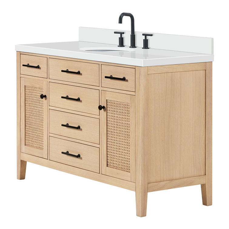 Camila 55" Light Brown Wood Single Sink Vanity with White Quartz Top
