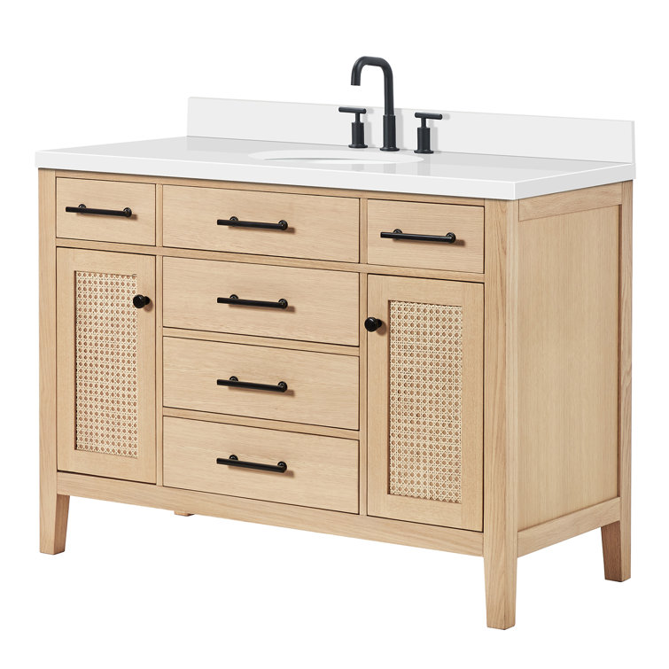 Camila 49" Light Brown Wood Single Sink Bathroom Vanity with White Quartz Top