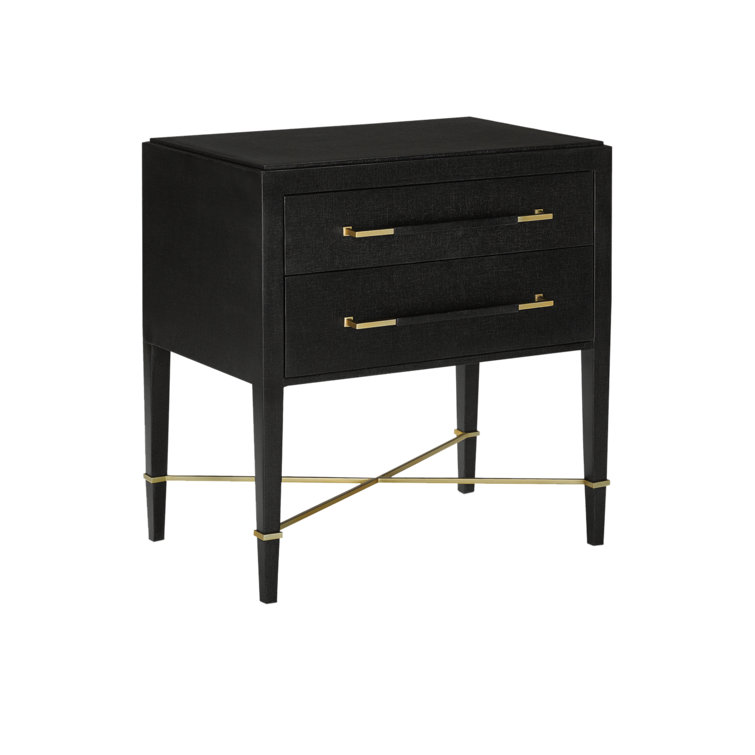 Black Lacquered Linen 2-Drawer Nightstand with Champagne Accents