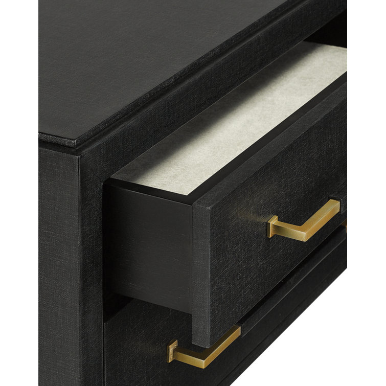 Black Lacquered Linen 2-Drawer Nightstand with Champagne Accents