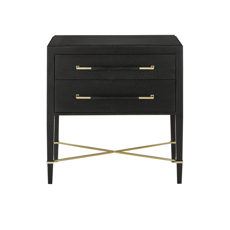 Black Lacquered Linen 2-Drawer Nightstand with Champagne Accents