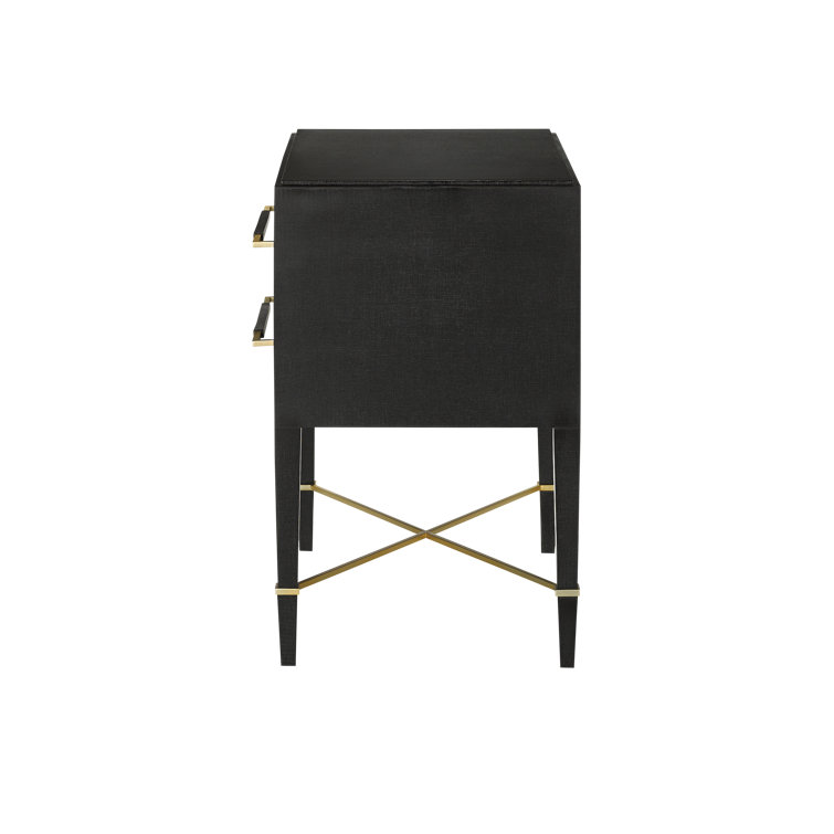 Black Lacquered Linen 2-Drawer Nightstand with Champagne Accents