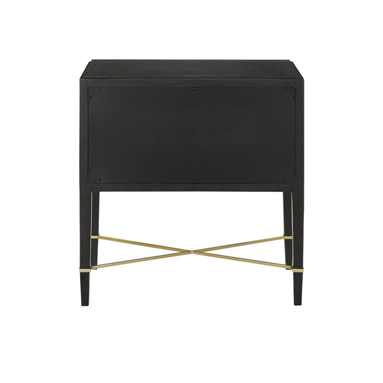 Black Lacquered Linen 2-Drawer Nightstand with Champagne Accents