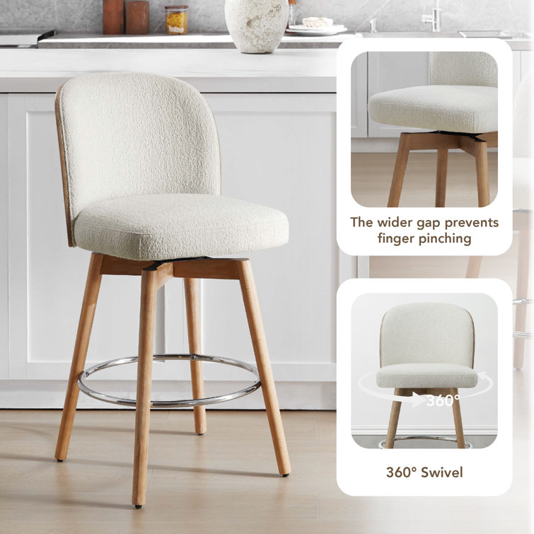 Cream Upholstered Swivel Bar Stools with Wood Legs, Set of 2