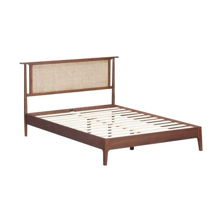 Queen Dark Walnut Wood Bed Frame with Rattan Headboard