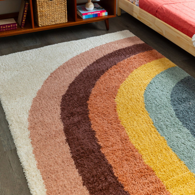 Rainbow Stripe Multicolor Shag Area Rug with Jute Backing