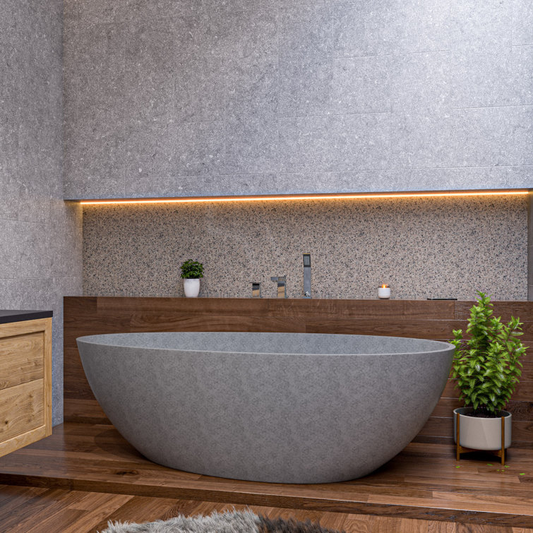 72'' Gray Matte Freestanding Oval Concrete Soaking Bathtub