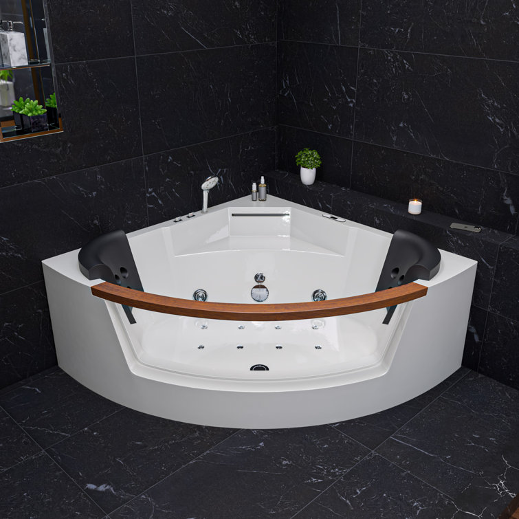 White Acrylic Corner Whirlpool Bathtub with Glass Panel
