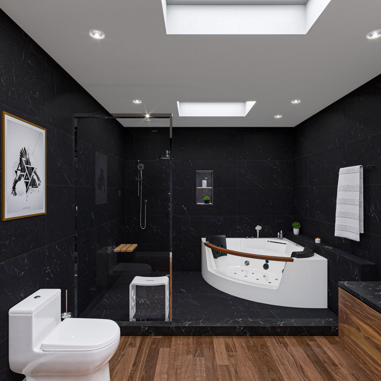 White Acrylic Corner Whirlpool Bathtub with Glass Panel