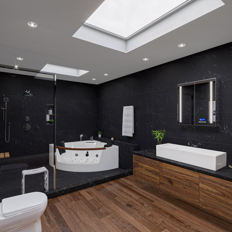White Acrylic Corner Whirlpool Bathtub with Glass Panel