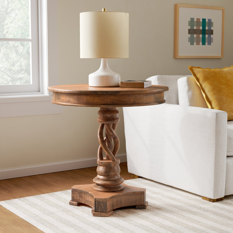 Natural Brown Mango Wood Round End Table with Carved Pedestal Base