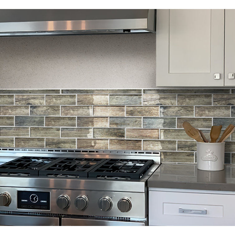 Wooden Brown and Blue Polished Glass Subway Mosaic Tile