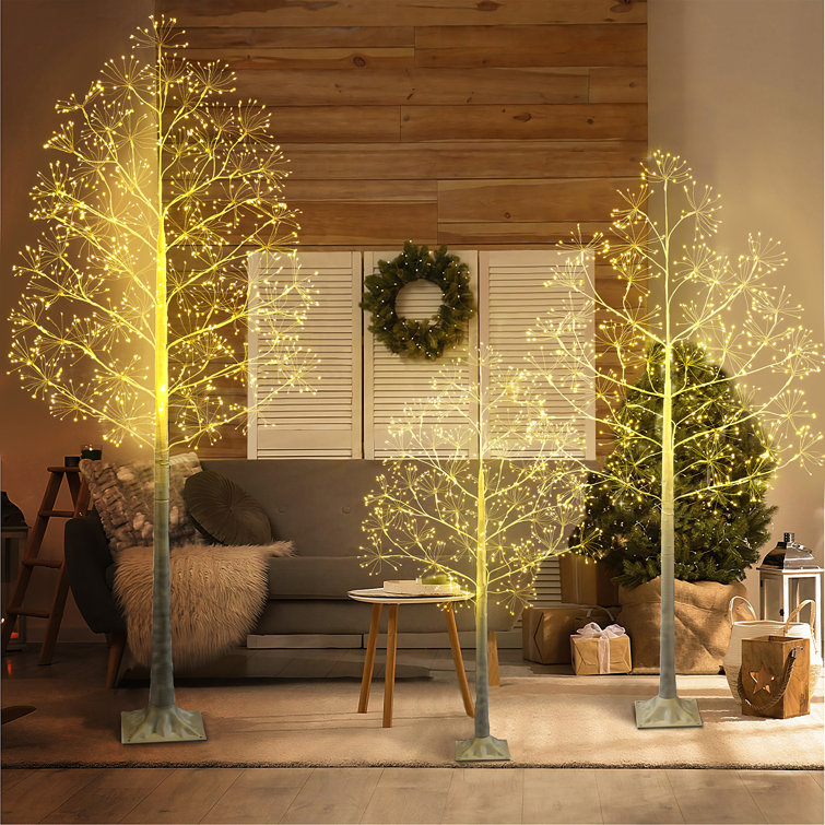 Set of 3 Lighted Birch Christmas Trees with Warm LED Lights