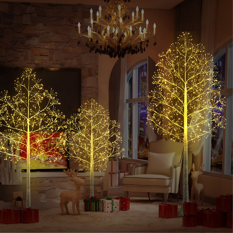 Set of 3 Lighted Birch Christmas Trees with Warm LED Lights