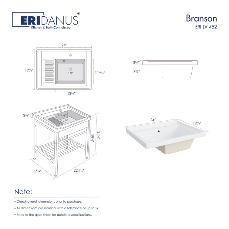 24" White Ceramic Freestanding Laundry Sink with Black Metal Frame