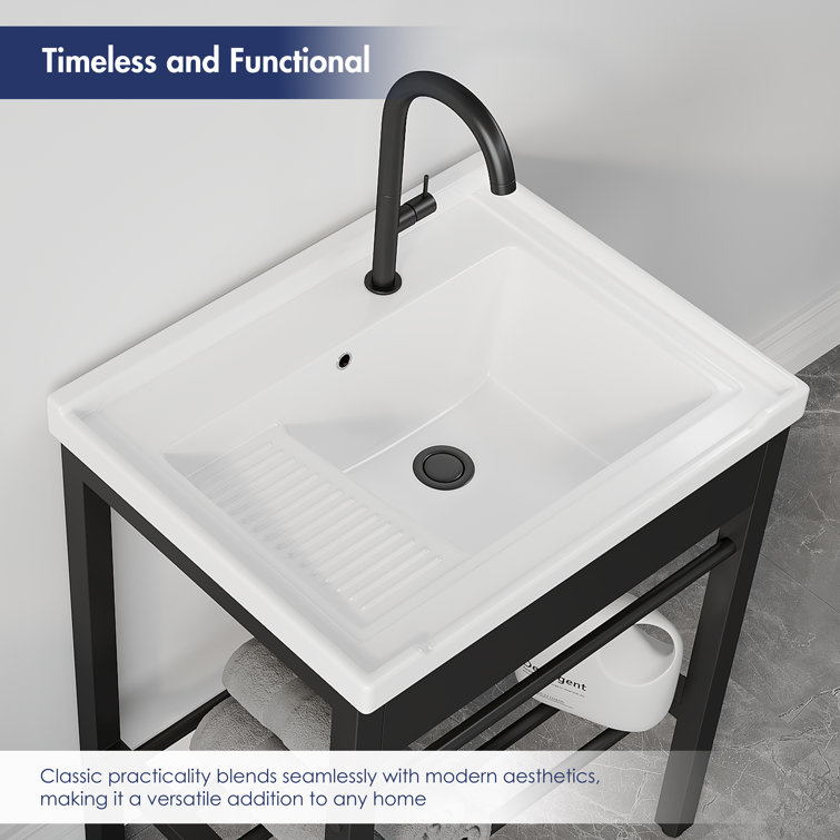 24" White Ceramic Freestanding Laundry Sink with Black Metal Frame