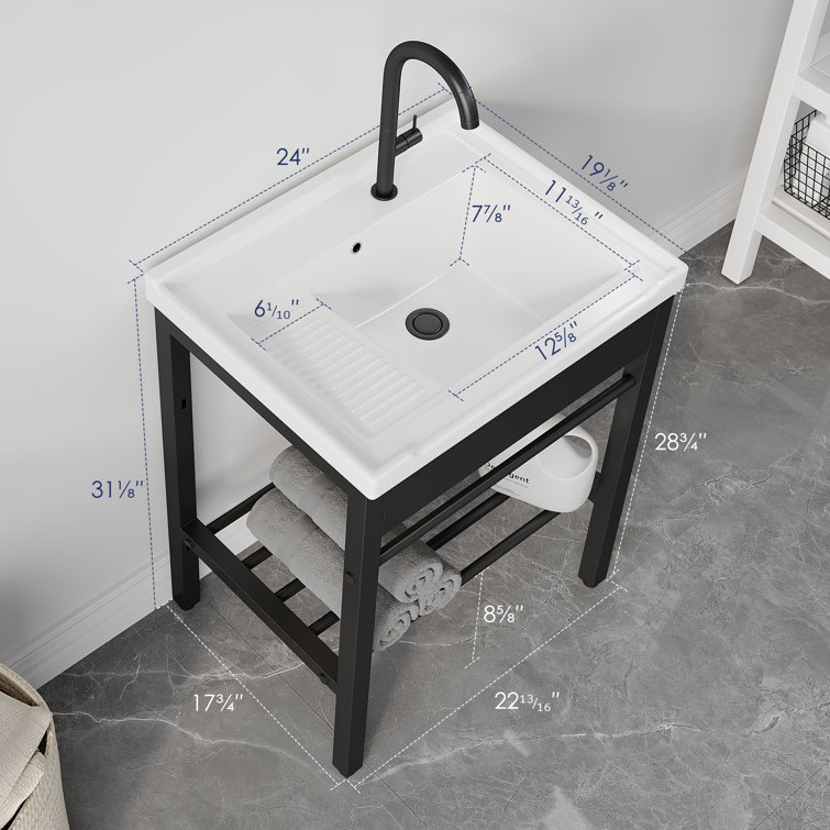 24" White Ceramic Freestanding Laundry Sink with Black Metal Frame