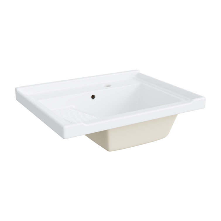 24" White Ceramic Freestanding Laundry Sink with Black Metal Frame