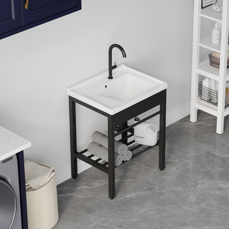 24" White Ceramic Freestanding Laundry Sink with Black Metal Frame