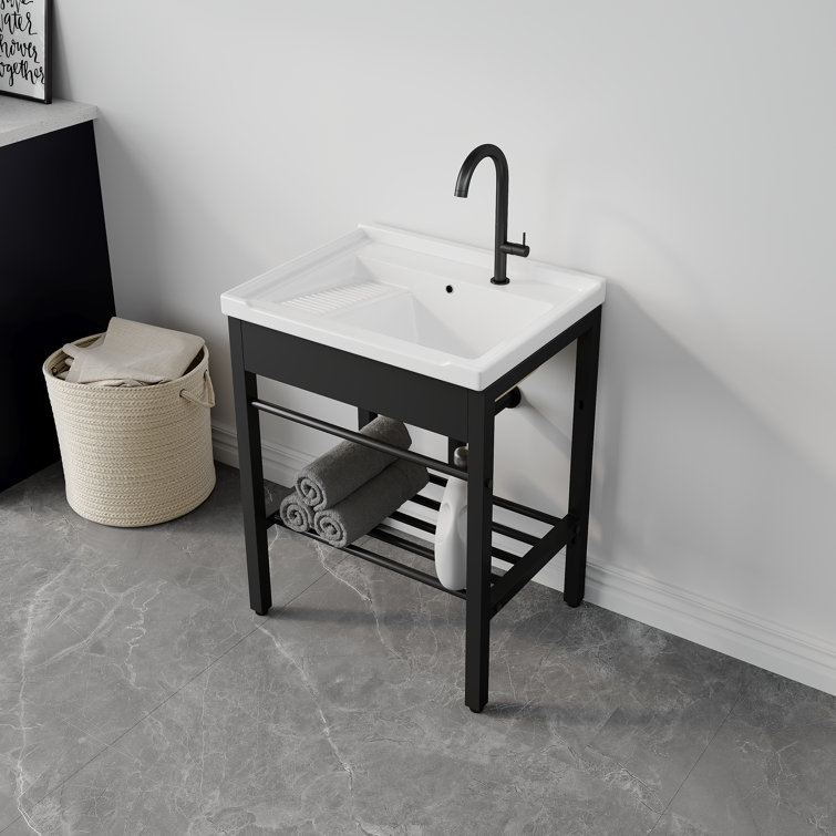 24" White Ceramic Freestanding Laundry Sink with Black Metal Frame
