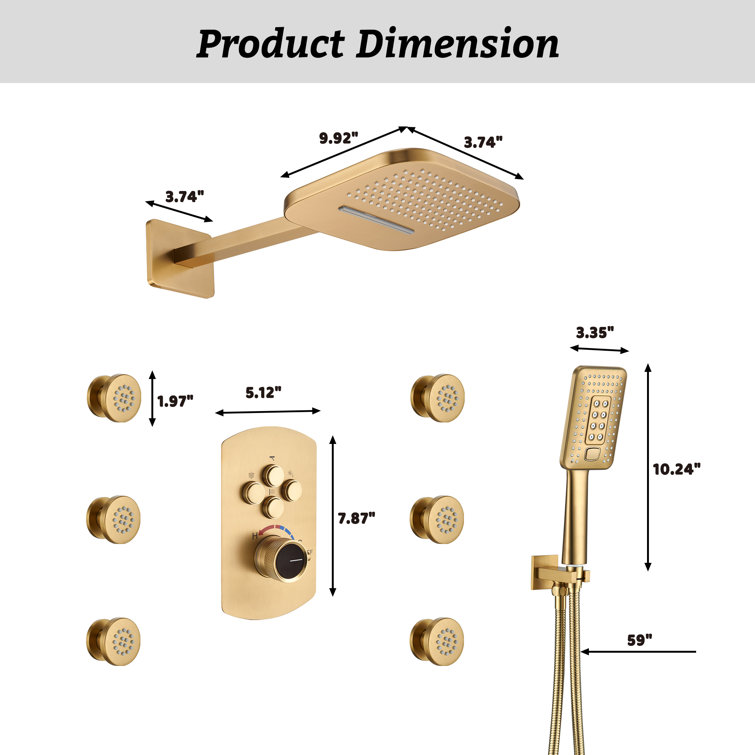 Brushed Gold Dual Square Wall Mounted Shower System with Body Jets