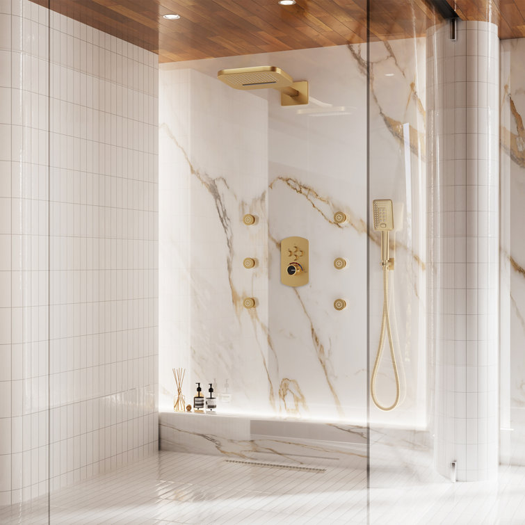 Brushed Gold Dual Square Wall Mounted Shower System with Body Jets