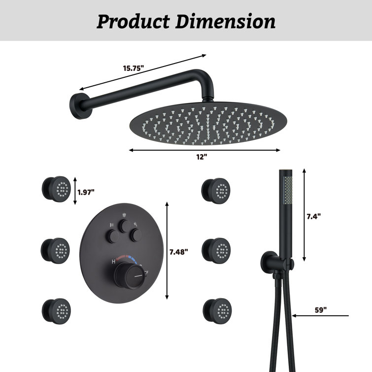 Large Matte Black Dual Rainfall Shower System with 6 Body Jets