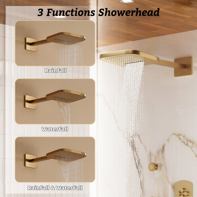 Brushed Gold Dual Square Wall Mounted Shower System with Body Jets