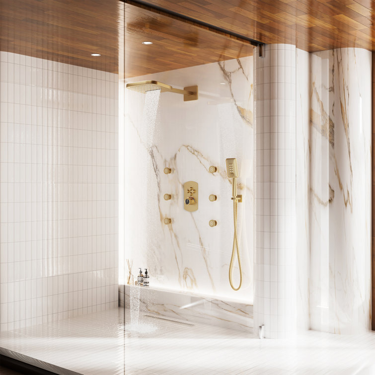 Brushed Gold Dual Square Wall Mounted Shower System with Body Jets
