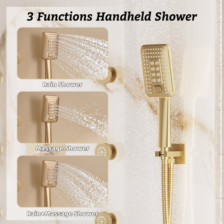 Brushed Gold Dual Square Wall Mounted Shower System with Body Jets