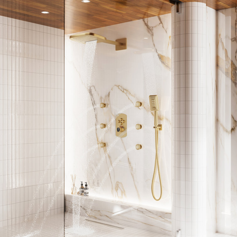 Brushed Gold Dual Square Wall Mounted Shower System with Body Jets