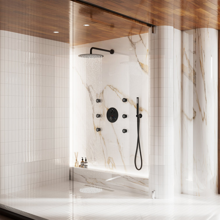 Large Matte Black Dual Rainfall Shower System with 6 Body Jets