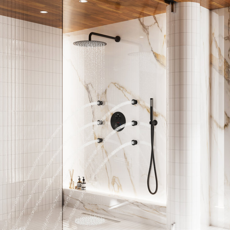 Large Matte Black Dual Rainfall Shower System with 6 Body Jets