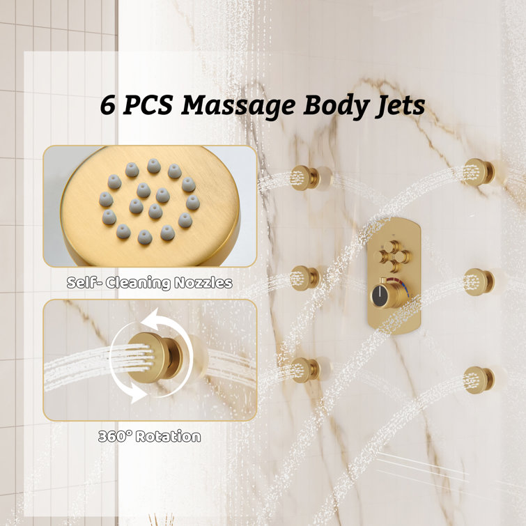 Brushed Gold Dual Square Wall Mounted Shower System with Body Jets