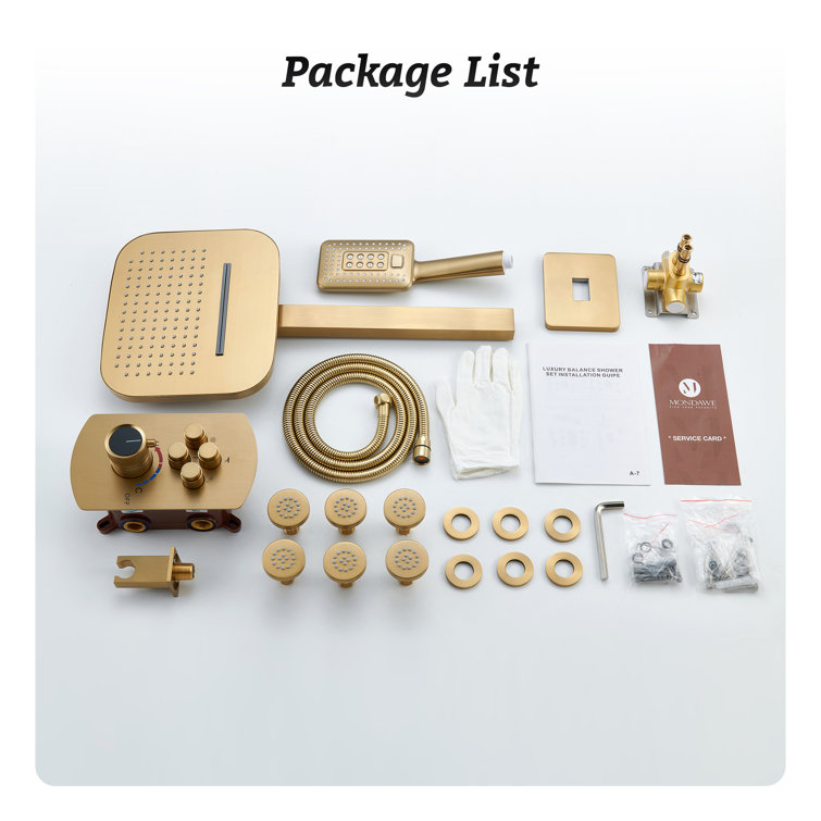 Brushed Gold Dual Square Wall Mounted Shower System with Body Jets