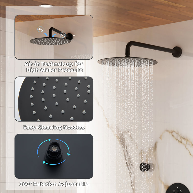 Large Matte Black Dual Rainfall Shower System with 6 Body Jets