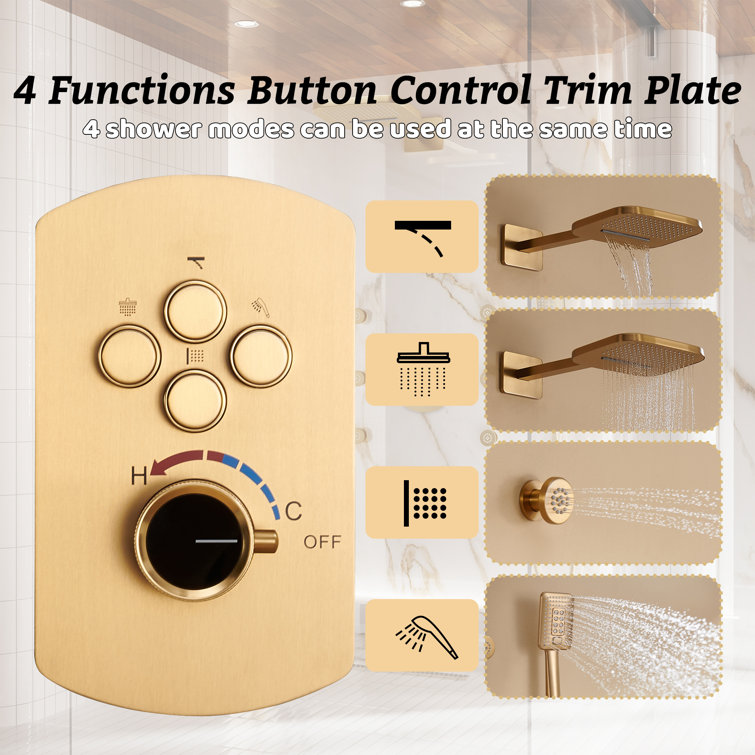 Brushed Gold Dual Square Wall Mounted Shower System with Body Jets