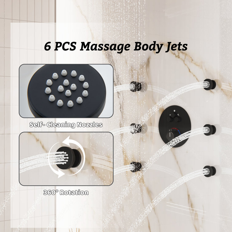 Large Matte Black Dual Rainfall Shower System with 6 Body Jets