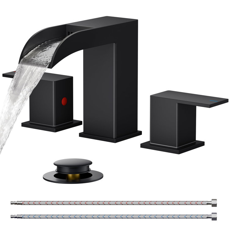 Matte Black Widespread Waterfall Bathroom Faucet with Metal Pop-Up Drain