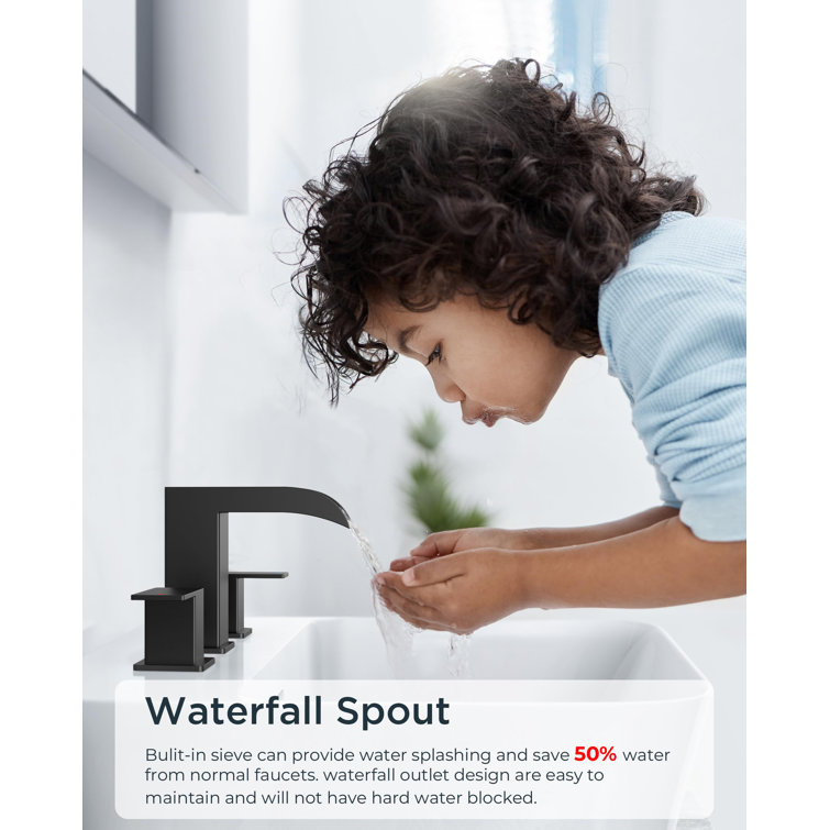 Matte Black Widespread Waterfall Bathroom Faucet with Metal Pop-Up Drain