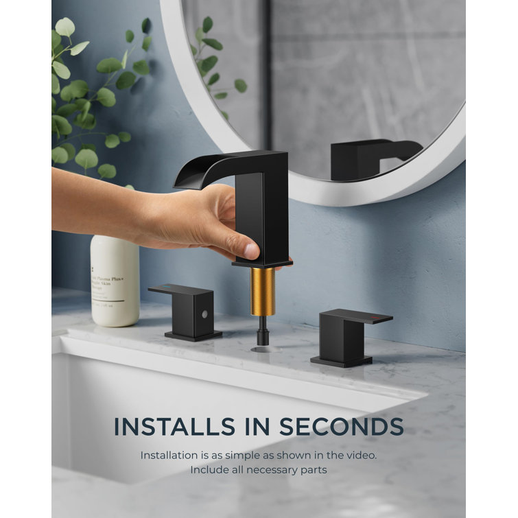 Matte Black Widespread Waterfall Bathroom Faucet with Metal Pop-Up Drain