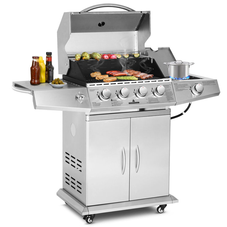 Stainless Steel 4-Burner Propane Gas BBQ Grill with Side Burner